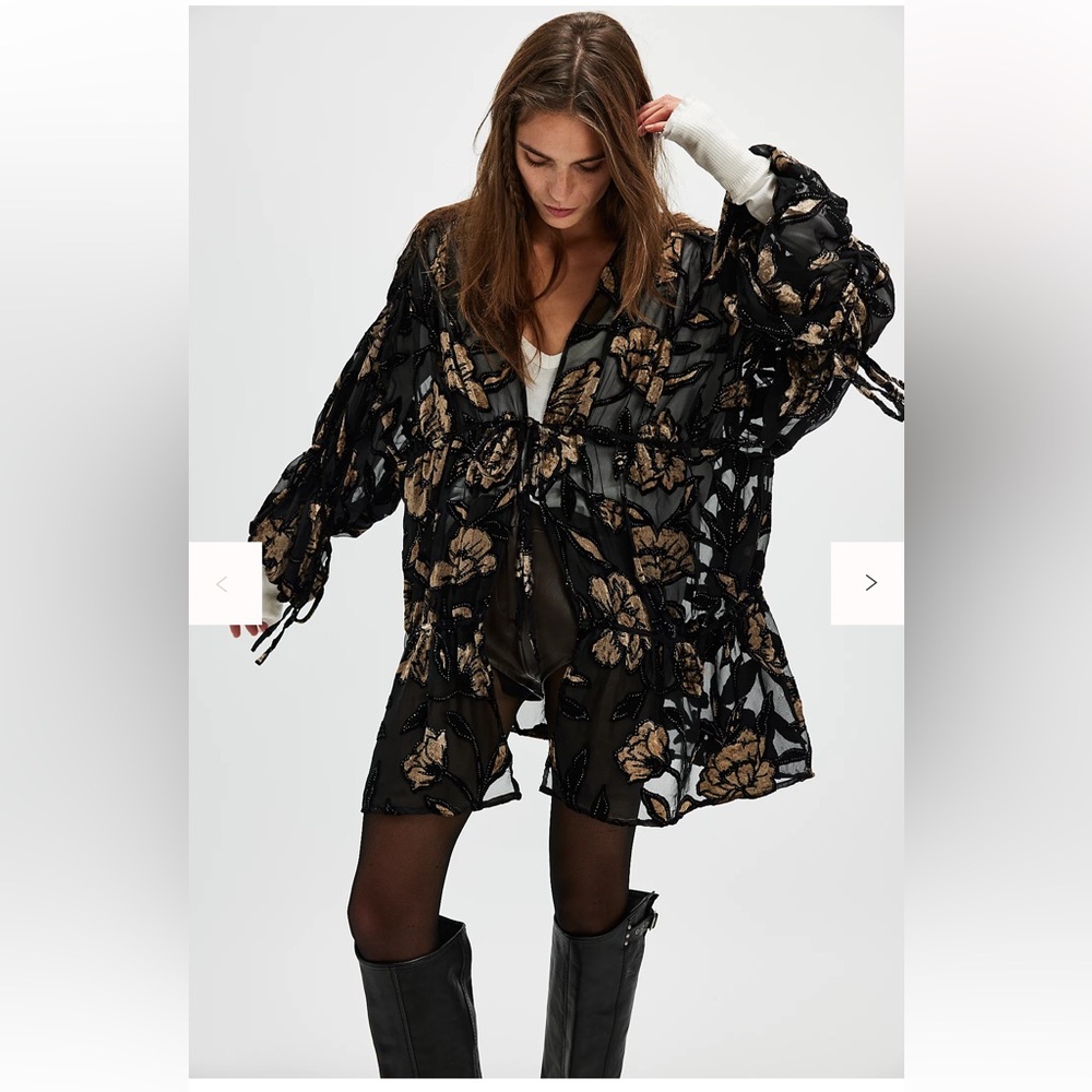 Free people velvet kimono sheer floral duster one size boho hippie